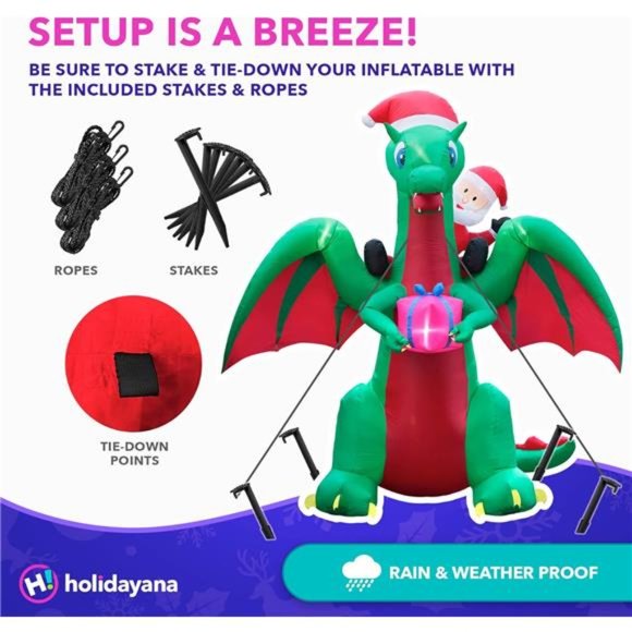 9 ft Christmas Inflatable Santa Riding Dragon Yard Decoration , Built-in Fan - Picture 4 of 6
